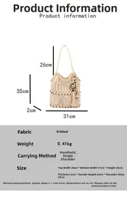 Detailed size specifications for beige crochet shoulder bag with tassel and knit texture