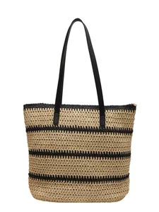 Bohemian striped woven straw tote bag with black shoulder straps and zipper closure
