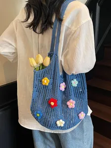 Bohemian Handmade Crochet Flower Tote Bag Hollow Knit Shoulder Bag For Women Summer Beach Vacation Casual Pastoral Style