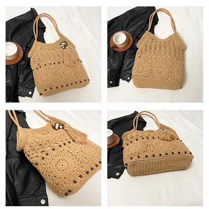 Detail of beige crochet tote bag with circular flower pattern and black beads
