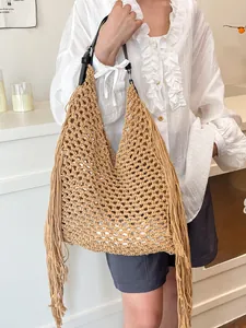 Bohemian oversized hand-woven cotton tote bag with long tassels and leather straps