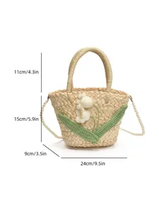 Handwoven straw tote bag with white crochet flowers and pearl chain strap, 24x15x9cm