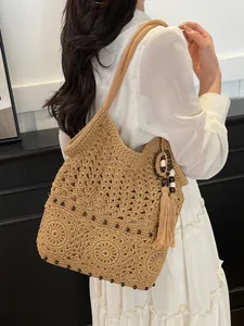 Women Casual Cotton Thread Woven Shoulder Bag Hollow Out Crochet Tote Handbag With Tassel Wooden Beads For Beach Vacation Travel