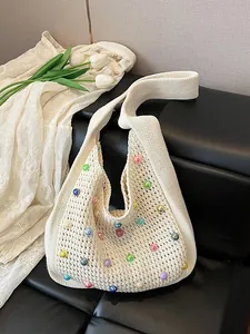 Women Lazy Style Knitted Tote Bag Colorful Beads Hollow Out Cotton Linen Crochet Shoulder Bag Large Capacity Beach Vacation Handbag