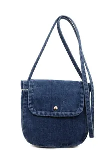 Vintage dark blue denim crossbody messenger bag with flap closure and silver snap button