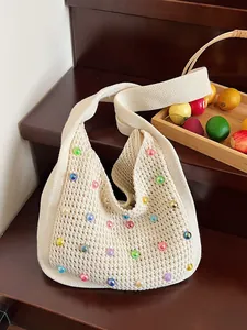 Women Knitted Woven Tote Bag Large Capacity Crochet Shoulder Bag With Colorful Beads Bohemian Resort Beach Bag