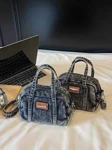 Women Vintage Denim Bowling Bag Fashion Casual Commuting Shoulder Bag Small Boston Handbag With Adjustable Crossbody Strap