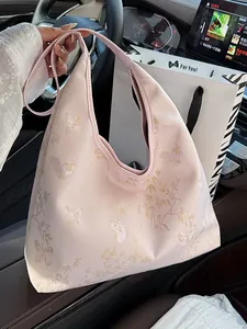 Pink New Chinese style tote bag with butterfly embroidery and elegant hobo shoulder strap