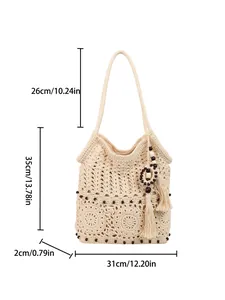 Beige crochet shoulder bag with hollow knit pattern, wooden beads, and elegant tassels