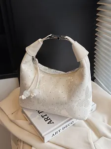 Women New Chinese Style Fabric Hobo Bag Rhinestone Butterfly Jacquard Handbag With Bead Charm Metal Buckle Shoulder Bag