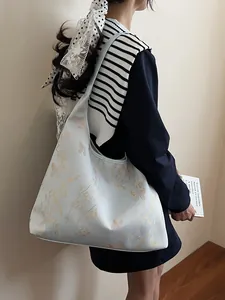 Elegant light blue tote bag with butterfly and bamboo embroidery for women summer fashion