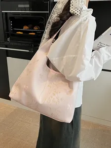 Pink tote bag with gold butterfly embroidery, stylish large capacity shoulder bag for women