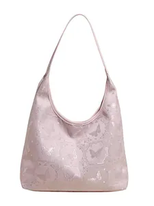 Pink New Chinese style tote bag with silver butterfly embroidery and glossy finish