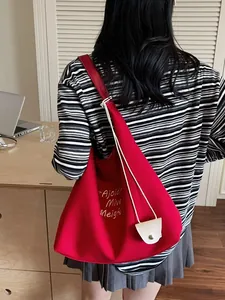 Sac fourre-tout en toile rouge avec lettrage blanc et petite pochette, grande capacité