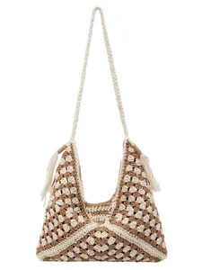 Bohemian crochet cotton tote bag with hollow floral patterns and fringe tassels