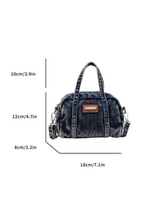 Vintage denim bowling bag dimensions 18x12cm featuring brown leather patch and straps