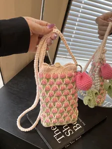 Handmade Crochet Tulip Knitted Mobile Phone Bag For Women Girls Cute Floral Woven Crossbody Bag With Artificial Pearl Wooden Button