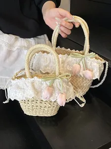 Sac en Paille Tissée Pastorale pour Femmes Avec Décoration de Tulipes en Dentelle Bandoulière en Künstliche Perles Sac à Main de Plage