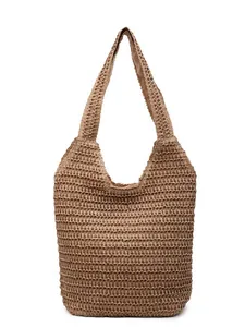 Sac fourre-tout en paille tissée kaki à grande capacité avec de larges bretelles de plage