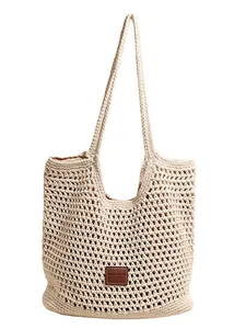 Minimalist cream crochet tote bag with woven hollow texture and leather patch detail