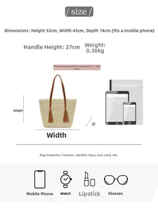 Detailansicht der gewebten Strandtasche mit Maßen 43x32cm und Lederfransen am Griff