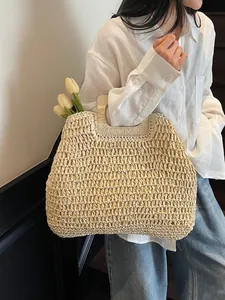 Large Capacity Women Woven Straw Handbag With Wooden Handle Paper Rope Summer Beach Vacation Tote Bag Casual Shopping Bag