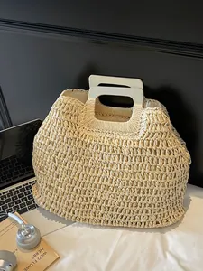 Large capacity woven beach tote bag with beige textured patterns and round wooden handles