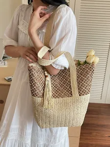 Bolso Tote de Paja Tejida para Mujer Gran Capacidad Bloques de Color Playa Vacaciones Bolso de Hombro Borla Verano