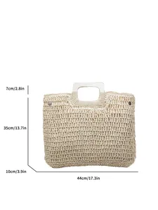 Large beige woven straw tote bag with square cutout handles for beach and summer travel