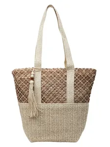 Bolso tote de paja tejida en contraste beige y marrón con borla y correa de hombro