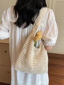 Sac Fourre-tout en Tricot Ajouré pour Femmes Grande Capacité Sac à Épaule Tissé au Crochet pour Plage Vacances