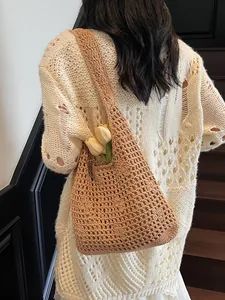 Sac fourre-tout en maille crochetée kaki à grande capacité pour la plage et les vacances