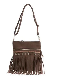 Retro bohemian crossbody bag with rivets and long tassels in dark brown suede finish
