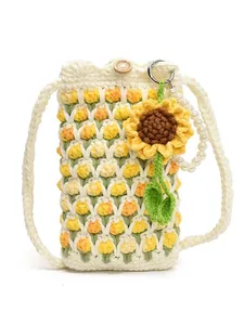 Handmade crochet tulip phone bag with sunflower charm, pearl chain and wood button