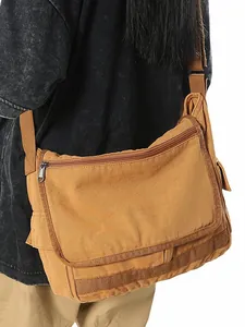 Large Capacity Washed Canvas Messenger Bag Casual Retro Multi Pocket Crossbody Bag For Students Commuting Work Daily Shoulder Bag