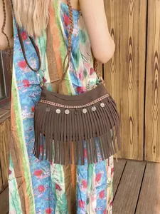 Sac Bandoulière Bohémien en Suédine à Glands Avec Pièces en Métal et Broderie Géométrique pour Femmes Voyage Loisirs