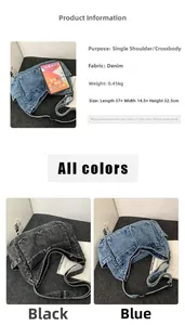 Detail view of denim tote bag specs 37x14.5x32.5cm weighing 0.45kg in blue and black