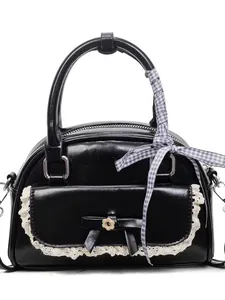 Sac à main chic en similicuir noir avec nœud en dentelle et poignée ruban à carreaux