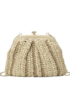 Sac coquille en paille tissée à rayures avec fermoir doré et bandoulière en chaîne
