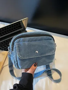 Women Denim Crossbody Bag Small Square Bag Vintage Washed Y2K Shoulder Bag Multi Pocket Zipper Student Daily Casual Purse