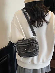 Retro washed denim crossbody bag for women with multi-pocket layers in casual daily style