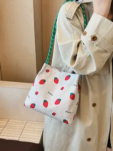Women Strawberry Print Tote Bag Fabric Embossed Shoulder Bag Casual Handbag For Daily Shopping Gift
