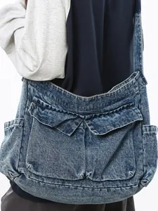 Retro Washed Denim Tote Bag Large Capacity Multi Pocket Crossbody Shoulder Bag For Women Students Daily Casual Streetwear