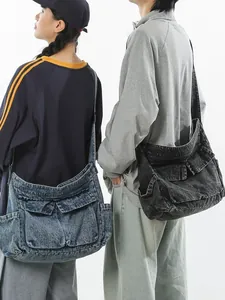Vintage oversized washed denim messenger bag with multi-pocket design for men and women