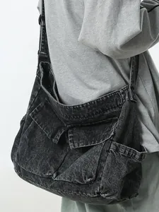 Retro washed denim messenger bag with large capacity pockets and adjustable strap