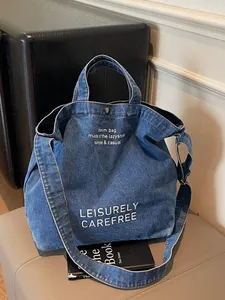 Damen Denim Tote Bag Große Kapazität Leisurely Carefree Buchstaben Druck Gewaschen Segeltuch Schultertasche Handtasche