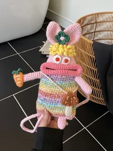 Handgefertigte Häkel Cartoon Hase Großer Mund Umhängetasche Handytasche Kinder Damen Regenbogen Gestreifte Rosa Tasche