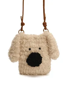 Sac bandoulière mignon en peluche en forme de chiot blanc crème avec sangle en cuir marron