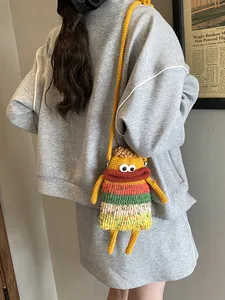 Sac Bandoulière Monstre Tricoté à la Main pour Femme Mignon Dessin Animé Jaune Rayé Tissé Petit Sac à Épaule Téléphone