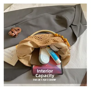 Detail showing internal capacity of the woven tote bag with daily items inside